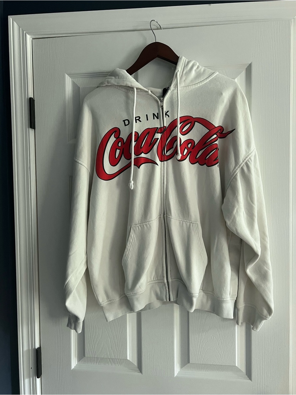 H&M Coca Cola Off White Zip-Up Hoodie with Red Logo
